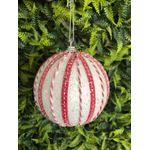 Caixa com 3 Bolas Natal Branca Com Listras Vermelhas 10 Cm