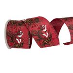 Fita Natalina Vermelha 6,3cm Esquilo com Pinha 9,14m