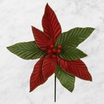 Flor Natalina Poinsetia Vermelha Veludo Com Verde Brilho Dourado