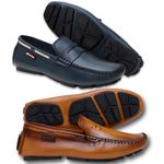 Kit 2 Pares Drive Mocassim Masculino Em Couro Legítimo Whisky/Azul