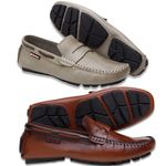 Kit 2 Pares Drive Mocassim Masculino Em Couro Legítimo OFF White/Madeira 