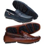 Kit 2 Pares Drive Mocassim Masculino Em Couro Legítimo Madeira/Azul