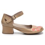 Sapato Boneca Salto Grosso Em Couro Bege Dual Comfort J.Gean