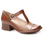 Sapato Boneca Salto Grosso Em Couro Marrom Dual Comfort