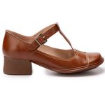 Sapato Boneca Salto Grosso Em Couro Marrom Dual Comfort