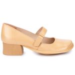 Sapato Boneca Salto Grosso Em Couro Bege Dual Comfort J.Gean