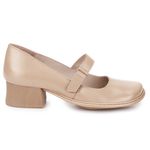 Sapato Boneca Salto Grosso Em Couro Bege Dual Comfort J.Gean