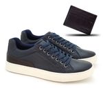 Sapatenis em Couro Casual Masculino Stratus - Azul Marinho + Brinde Porta Cartão