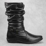Bota Feminina Rasteira Couro Legítimo Com Detalhes Em Rugas