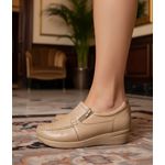 Mocassim feminino ortopédico com zíper couro legítimo cor nude