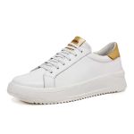 Tênis feminino casual couro legítimo cor branco com detalhe dourado