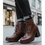 Coturno feminino tratorado salto alto couro legítimo cor chocolate