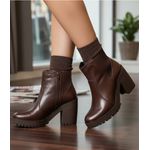Bota feminina tratorada salto alto couro legítimo cor chocolate lisa