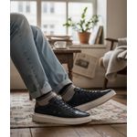 Tênis masculino em couro legítimo cor azul marinho super leve