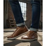 Sapatênis masculino calce fácil couro legítimo por dentro e por fora cor whisky