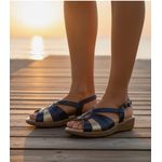 Sandálias Feminina conforto ortopédica couro legítimo cor azul marinho com detalhes