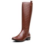 Bota feminina montaria salto baixo cano longo detalhado couro legítimo cor caramelo