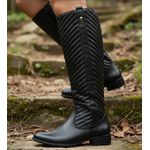 Bota feminina montaria salto baixo cano longo detalhado couro legítimo cor preta