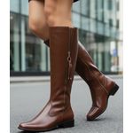 Bota feminina montaria salto baixo cano longo couro legítimo cor caramelo