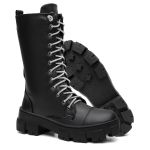 Bota Coturno Feminino Tratorada Cano Longo Cadarço Brilho Strass