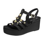 Sandália Feminina Beira Rio Anabela Flatform Preta Tachas Dourada