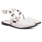 Sapatilha Mule Feminino Slingback Bege Branco Clarinho Tachas