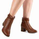 Bota Feminina Cano Médio Café Mississipi Detalhe Dourado Salto Bloco Grosso