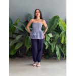 Blusa Doroti Sem Alças com Babados LISTRA FINA AZUL BIC COM BRANCO