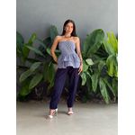 Blusa Doroti Sem Alças com Babados LISTRA FINA AZUL BIC COM BRANCO