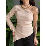 Blusa Nula Manga Assimétrica em Malha Ribana BEGE CLARO