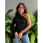 Blusa Nula Manga Assimétrica em Malha Ribana PRETO