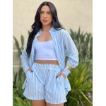 Conjunto Dani Camisa e Shorts LISTRA FINA AZUL CLARO COM BRANCO
