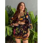Conjunto Karina Cropped e Shorts ESTAMPADO PRETO COM VERMELHO E MARROM