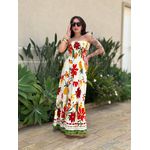Vestido Dora Midi sem Alças ESTAMPADO BEGE COM VERMELHO