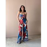 Macacão Longo Beatriz Decote Sem Alças ESTAMPADO AZUL COM VERMELHO
