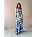 Macacão Longo Beatriz Decote Sem Alças ESTAMPADO BRANCO COM AZUL 