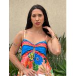 Vestido Longo Suelen com Detalhe de Metal no Busto ESTAMPADO AZUL E LARANJA