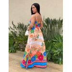Vestido Longo Suelen com Detalhe de Metal no Busto ESTAMPADO AZUL E LARANJA