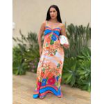 Vestido Longo Suelen com Detalhe de Metal no Busto ESTAMPADO AZUL E LARANJA