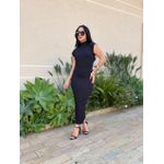 Vestido Midi Manga Curta em Malha Anarruga PRETO