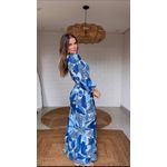 Vestido Longo Manga Festa De Pássaro Estampado