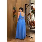 Vestido Longo Letícia em Tecido Linho Azul | Modelagem Casual com Fenda e Bolsos Laterais (36 ao 46)