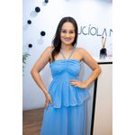 Vestido Georgina Longo Crepe Seda Azul | Decote com Amarração, Cintura Marcada e Babado – Elegância e Versatilidade do 36 ao 44