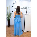 Vestido Georgina Longo Crepe Seda Azul | Decote com Amarração, Cintura Marcada e Babado – Elegância e Versatilidade do 36 ao 44