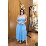 Vestido Maria Midi Crepe Duna Azul | Decote Princesa, Bojo e Corte Assimétrico – Elegância e Sofisticação do 36 ao 44