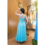 Vestido Maria Midi Crepe Duna Azul Água | Decote Princesa, Bojo e Corte Assimétrico – Elegância e Sofisticação do 36 ao 44 