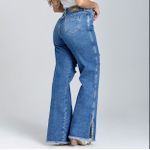 Calça Wide Leg Jeans Com Strass