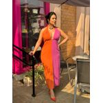 Vestido Longo Linho Bicolor - PINK/LARANJA