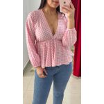 Bata Manga Longa Peplum Xadrez - ROSA