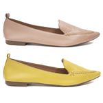 Kit 02 Mocassins Femininos Confort Bico Fino Couro Legítimo Nude e Amarelo